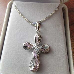 Singer Rose Ribbon Sterling Silver and Pink Cross Pendant 18" Necklace